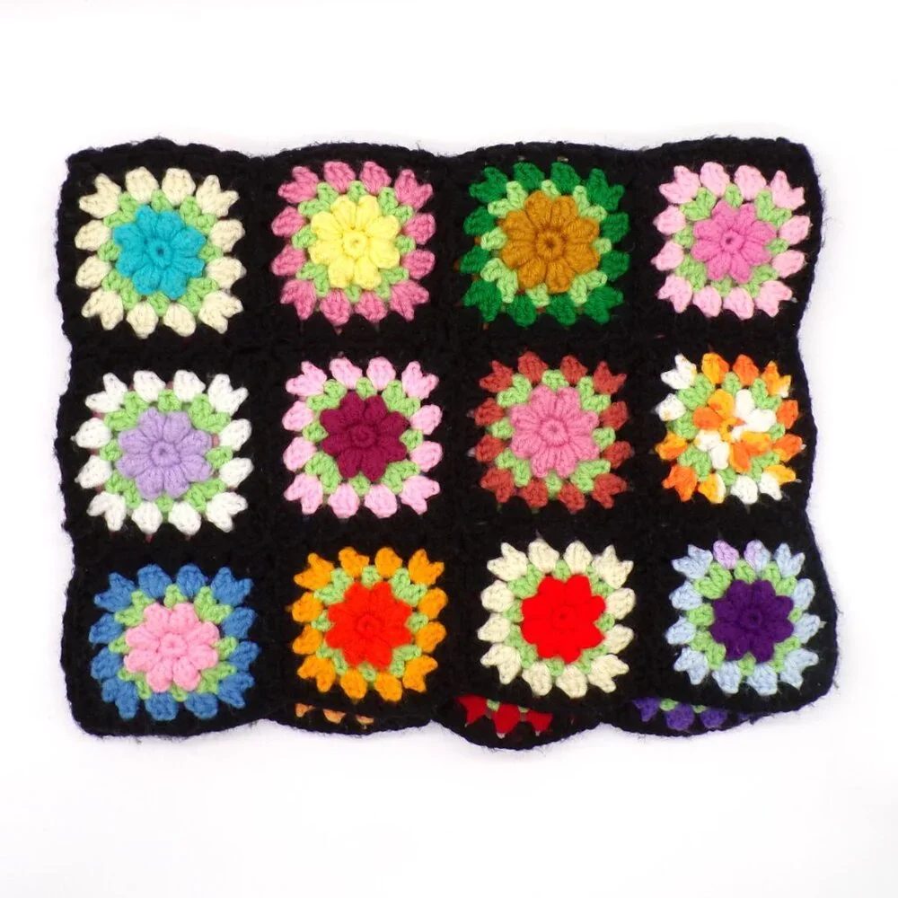 Granny Square Afghan Black 3D Flowers Throw Lap Blanket Small 34” X 25”
